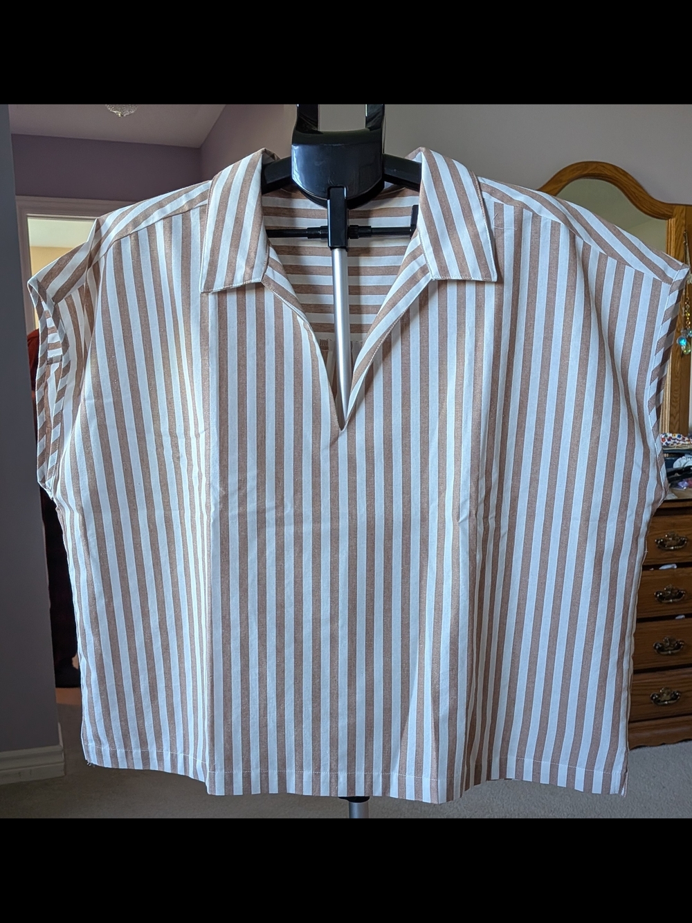 Studio Vertical Stripe Short Sleeve Popover - Brown and White